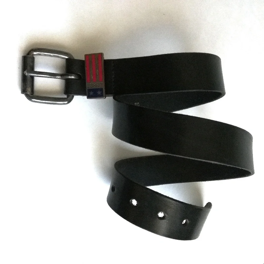 Esprit Vintage 80s Black Leather Belt With Metal Flag Loop